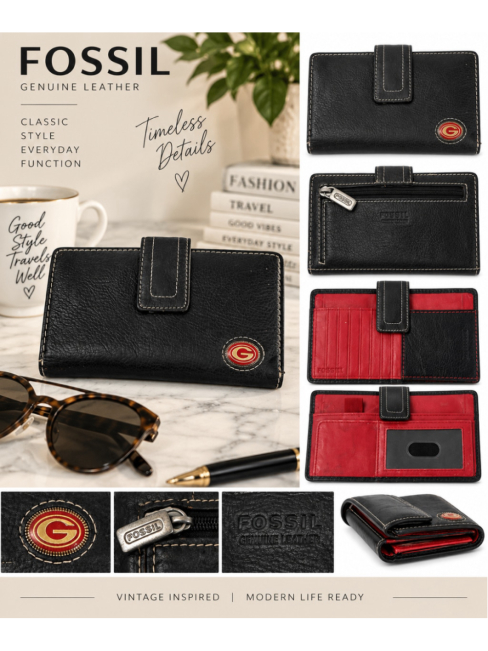 Fossil Black Genuine Leather Bulldog Wallet Organizer Red Interior
